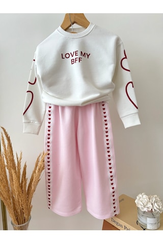 Magu Kız Çocuk Pamuklu Kalp Detaylı Ekru Sweatshirt Ve Pembe Pantolon Takımı Çok Renkli