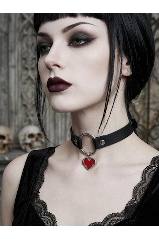 Siyah Pu Deri Haç Figürlü Choker Kolye Gümüş Renk Halka Detaylı Gotik Tarz Kadın Kolye Gtk66 Kırmızı