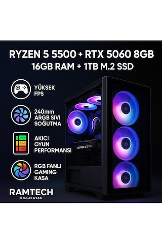 Ramtech GEPETTO R5-5500 8 GB 16 GB 1 TB M.2 SSD RTX5060 Free Dos Masaüstü Oyuncu Bilgisayarı