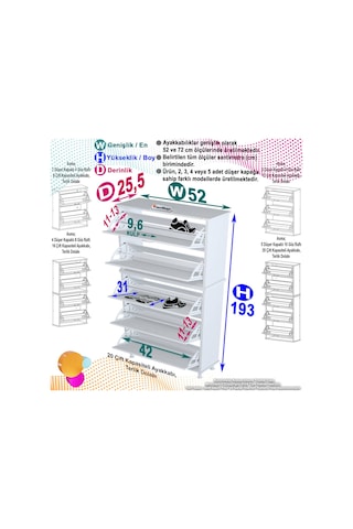 Modilayn Varbi Umay' 2 Li Kapı Önü 52 X193x 25, 5 Cm Lik 5 Düşer Kapak 10 Göz Raf Ayakkabılık Meşe