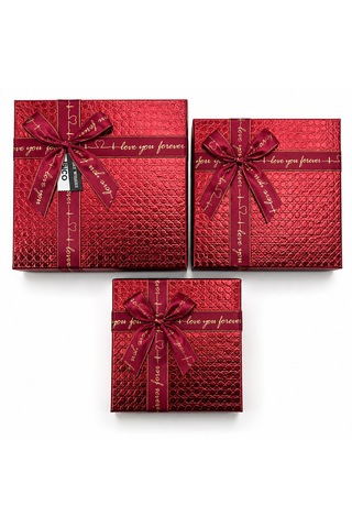 3pcs Kare Parlak Mix Renkli - Kabartma Desen Karton Hediye Kutusu Kurdelalı 19-17-15cm 5523