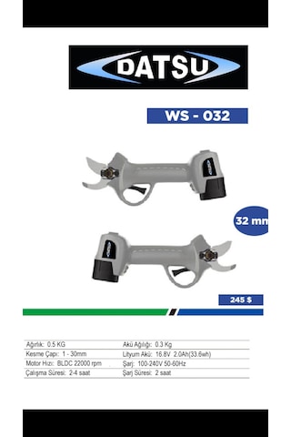 Datsu Ws-032 Akülü Budama Makası 32 Mm. 16.8V-2.6A