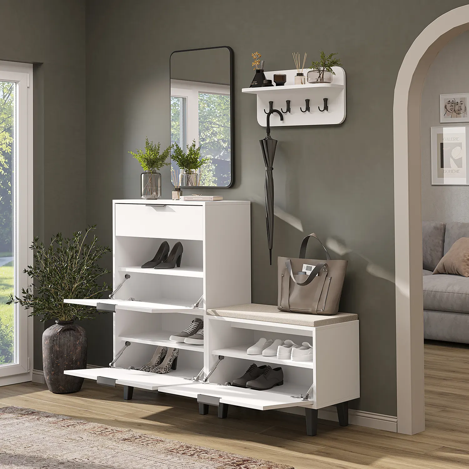 Nord Vestiyer Takımı Kapaklı Askılıklı Ayakkabılık Dolabı, Bench, Modüler, Aynalı Portmanto Takımı Beyaz