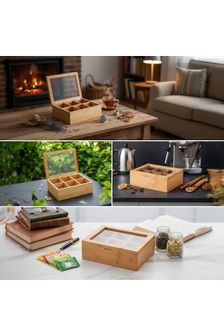 Bambu 6 Bölmeli Çay Kutusu -%100 Orjinal Bambu Mıknatıslı Kapak 21x16,5 X7cm