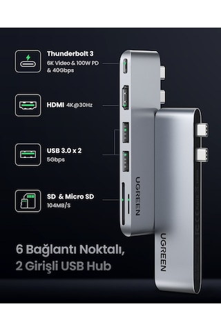 Ugreen 6'sı 1 Arada 2 Usb 3.0 100w 6k Pd Port Çoklayıcı Hub, 80856