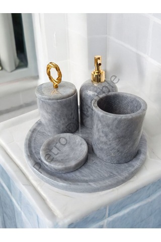 Gri Mermer Klasik Model 5 Parça Gold Renk Halka Aksesuarlı Banyo Seti Gri