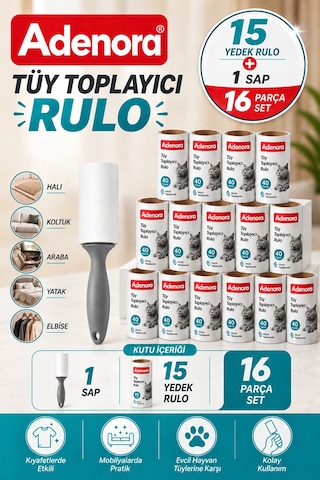 Tüy Toplayıcı Rulo Seti - 15 Yedekli 16 Parça - Kedi Köpek Tüy Alıcı