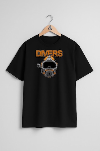 Oversize Divers Dalgıç Başlığı Göğüs Ve Sırt Tasarımlı Unisex T-shirt Siyah