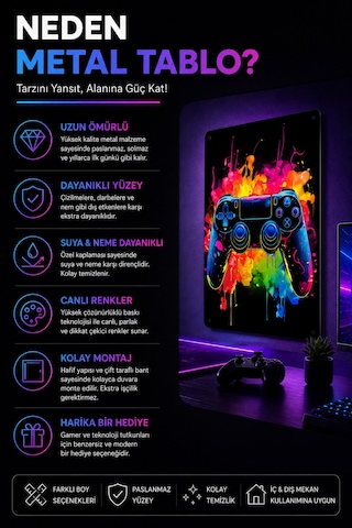 Gaming Goril Metal Duvar Tablosu Kulaklıklı Gamer Oda Dekoru Renkli Tasarım 30x40 Cm A3 Boyutunda