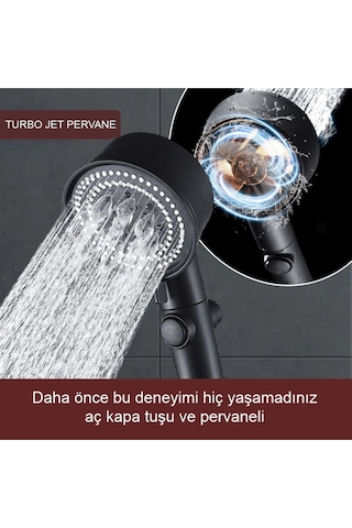 Kustar 5 Fonksiyonlu Turbo Jet Pervaneli Duş Başlığı Aç-kapa Butonlu Siyah