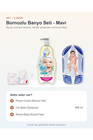 Bornozlu Banyo Seti 3 Parça: Bornoz Seti + Uni Baby Şampuan + Sema Baby Küvet Filesi - Mavi