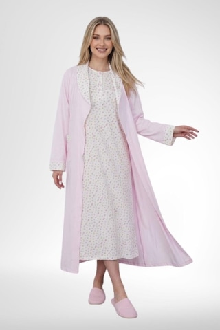 Mecit Pijama Mecit 6382 Pembe Kadın Uzun Sabahlıklı Uzun Kollu Gecelik Takım