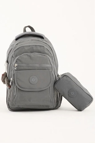 2'li Set Lüx Krinkıl Kumaş Lise Ve Ortaokul Sırt Çantası + Kalemlik, Maymun Anahtarlık Hediyeli Gri