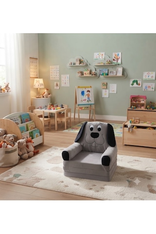 Missidea Sevimli Köpek Figürlü 3 Minderli Gri Katlanır Çocuk Koltuğu Ve Yatağı