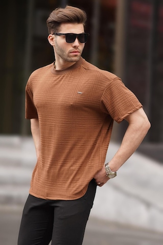 Madmext Kahverengi Oversize Bisiklet Yaka Erkek Tişört 6191-kahverengi Kahverengi