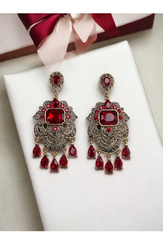 Kristal Taşlı Su Damlaları Sallantılı Küpe Kırmızı