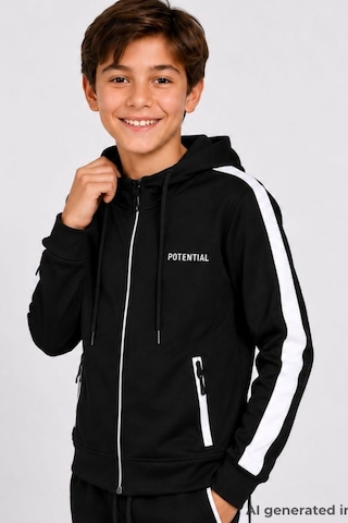 Pina Kids Erkek Çocuk Scuba Potential Kalın Şeritli Kapüşonlu Dalgıç Kumaş Eşofman Takımı Esf7026 siyah