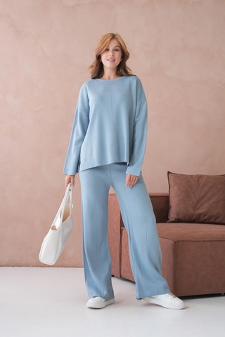 Kadın Bisiklet Yaka Düşük Kol Kazak Pantolon İkili Triko Takım Açık Mavi