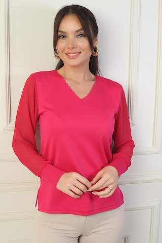 By Saygı Kadın Merdiven V Yaka Kolları Şifon Kazak-39611 Fuşya