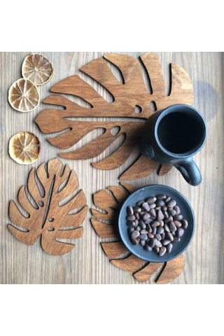 Ahşap Yaprak Şeklinde Çift Katman Bardak Altlığı Sunum Tepsisi Kahverengi Kahverengi