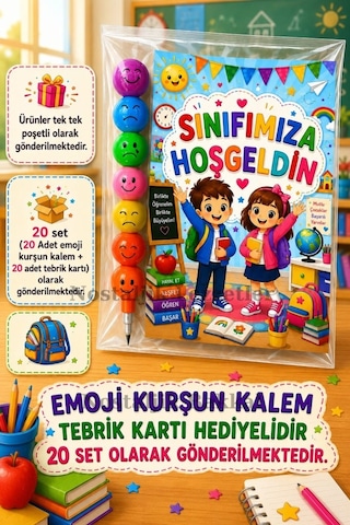 20 Adet Okula Yeni Başlayan Öğrencilere Sınıfımıza Hoşgeldin Yazılı Hediye Seti 1. Sınıf- Sene Başı Hatırası Emoji Kurşun Kalem Tebrik Kartı Hediyeli