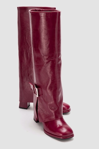 Luvishoes Lojo Bordo Kırışık Rugan Hakiki Deri Tokalı Kadın Kalın Topuklu Çizme Bordo