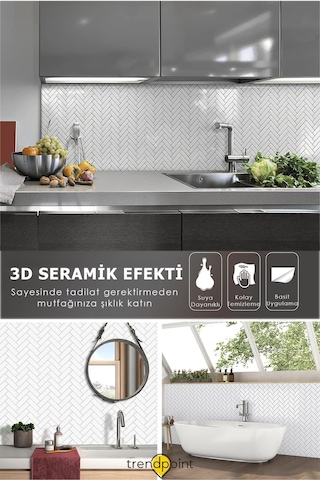 Trendpoint 3d 30 30cm Mutfak Tezgah Arası Kaplama Kendinden Yapışkanlı Balıksırtı Beyaz Görünüm