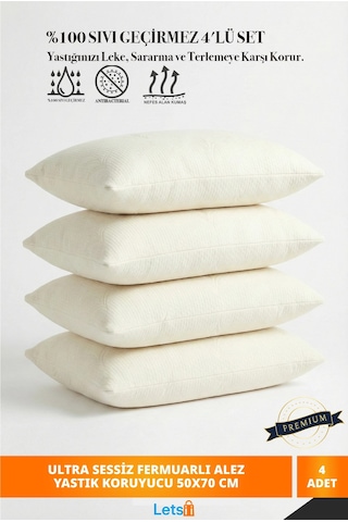 4 Adet Premium Sıvı Geçirmez Yastık Alezi Ultra Sessiz Fermuarlı Yastık Koruyucu 50x70 Cm 4'lü Set Beyaz