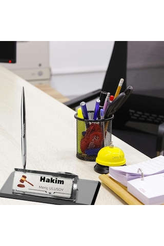 Hukukçulara Özel Kişiye Özel Masa Üstü İsimlik - Saatli Ve Kalemli Cam Ofis Hediyesi Siyah
