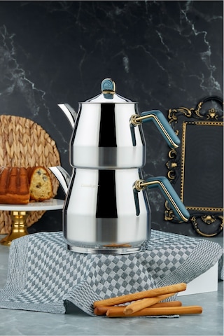 Everest 18/10 Paslanmaz Çelik Jumno Boy Çaydanlık 2 L Demlik 3,25 L Alt Hazne Yeşil