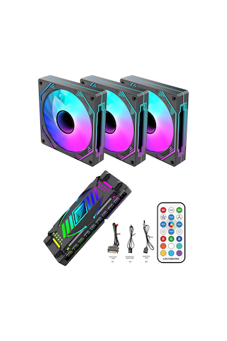 NG-A120B 3 Adet 120mm Kasa Fan 11X ARGB PWM Slot Kontrolcü ve Kumanda Siyah