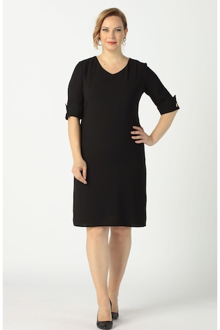 939 Siyah Kolu Düğmeli Krep Büyük Beden Kısa Elbise 001