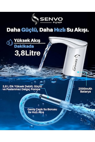 Senvo Pump Damacana Su Pompası Hızlı Dolum, Ultra Sessiz, Tek Şarjla 15 Damacanaya Kadar Beyaz