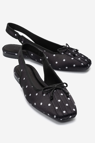 Luvi Shoes Zelvıa Siyah Beyaz Puantiyeli Fiyonklu Arkası Açık Kadın Babet Ayakkabı