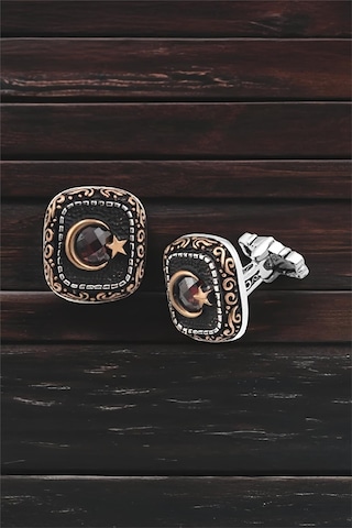 Gümüş Ay Yıldızlı Zirkon Taşlı Kol Düğmesi -5700 Gümüş