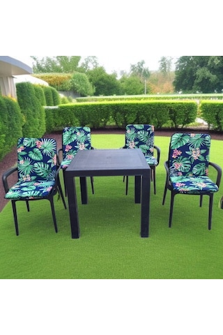 Lüks Arkalıklı Sandalye Minderi 4lü 4cm Süngerli Yeşil Yaprak 42x42 Çok Renkli