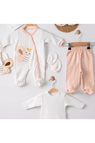 3 Ay Kelebek Nakış Tulumlu Erkek Bebek 5'li Set Kahverengi Kahverengi