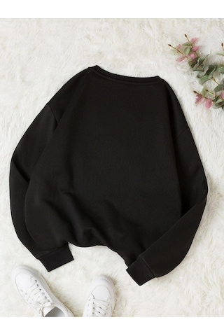 Baskısız Düz Sweatshirt - Siyah Kalın Kışlık Şardonlu Uzun Kol Oversize Bisiklet Yaka Siyah