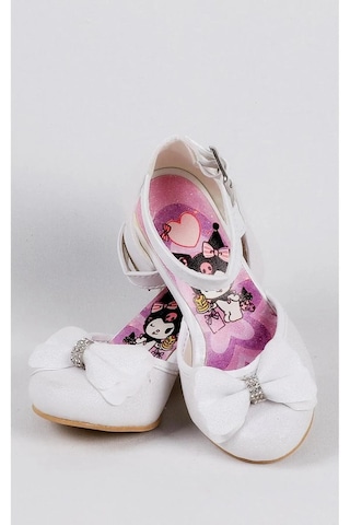 Nese Shoes Kız Çocuk Karakter Baskılı Topuklu Ayakkabı, Simli Fiyonklu Abiye Ayakkabı Ekru