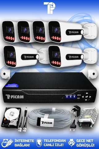 Picam 6 Kameralı Zebra 6 Dış Kamera Set 250 Gb 5 Mp 2k Net Gece Görüşlü Güvenlik Kamerası Sistemi