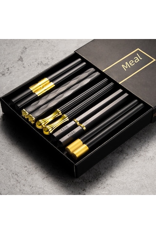 Teltree Ev Kullanıma Uygun Hijyenik Tek Kişilik Allerjik Metalden Üretildiği İçin Dayanıklı Ve Yüksek Sıcaklığa Dayanıklı Japon Stili Minimalist Siyah Altın Renkli 5 Adet Çubuk Çatal Seti Diğer