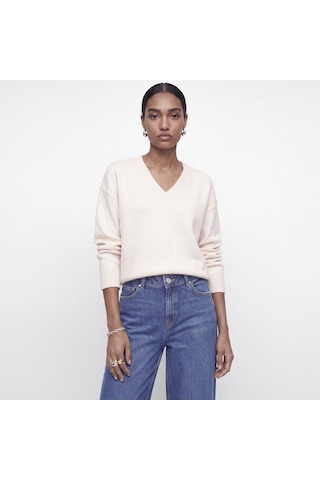 Jack & Jones Kadin Wide Fit V Yaka Triko Kazak - Elsa - 12301418 Cloud Dancer