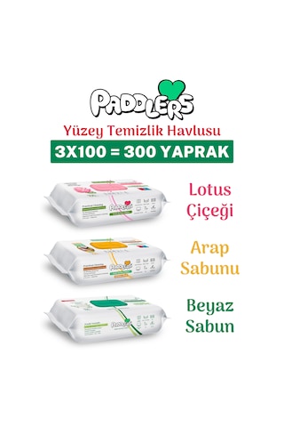 Paddlers Easy Clean Lotus Çiçeği Arap Sabunu ve Beyaz Sabun Katkılı Yüzey Temizlik Havlusu 3x100 (300 Yaprak)
