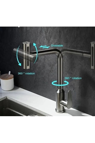 Boheme Fleko Çok Modlu Spiralli Mutfak Evye Bataryası Şelale Yağmurlama Fonksiyonel Antrasit