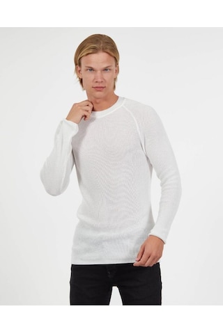 Slim Fit Örme Pamuk Triko Kazak Tüylenmez Şık Dar Kesim Bisiklet Yaka Kazak Ekru