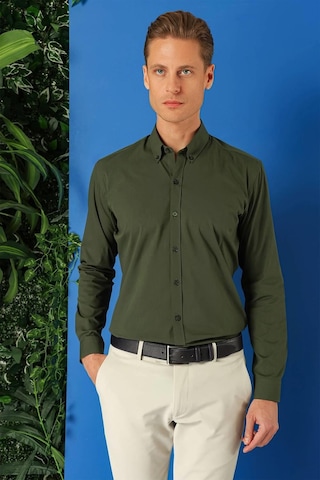 Efor Slim Fit Düğmeli Yaka Pamuklu Klasik Haki Gömlek Gk 715 Haki