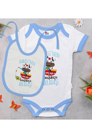 Bk Kids Babasının Balıkçı Arkadaşı Tasarımlı Mavi Bebek Body Zıbı Çok Renkli
