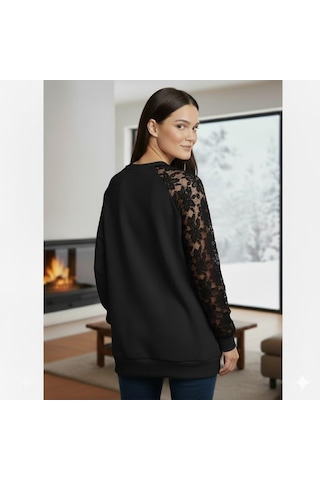 Afri Siyah Dantel Detaylı Sweatshirt Şık Ve Rahat Günlük Kadın Üst Yumuşak Kumaş Siyah