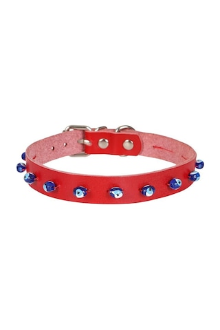 Cattie Boncuklu Deri Kedi Boyun Tasması Xl 1.5x28-32CM Kırmızı