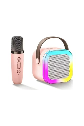 K12 Kablosuz Bluetooth Hoparlör Pembe Karaoke Mikrofon 5 Ses Efektli Rgb Hd Stereo Ses Usb/sd/fm
